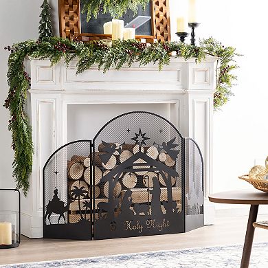 Glitzhome 3-Panel Christmas Fireplace Screen Porch Decor, Metal Mesh Cover with Nativity Scenes