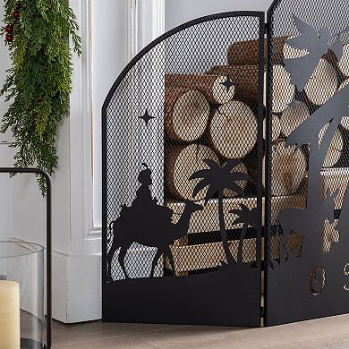 Glitzhome 3-Panel Christmas Fireplace Screen Porch Decor, Metal Mesh Cover with Nativity Scenes