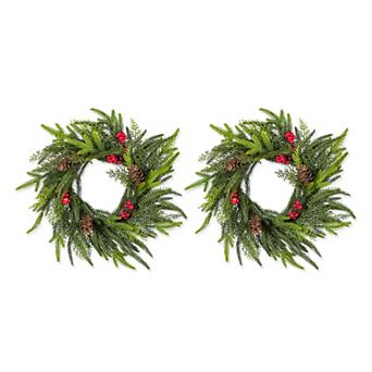 Glitzhome Set of 2 Christmas Mini PE Dripping Wreaths, 14"D Wreaths with Pinecones and Red Berries