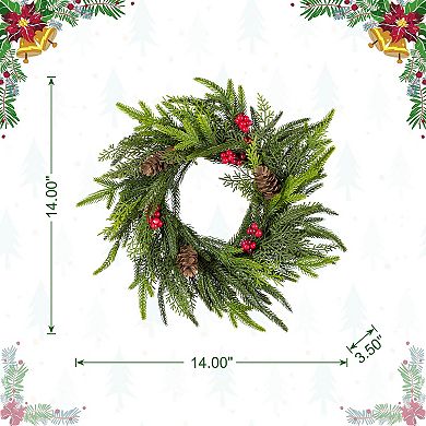 Glitzhome Set of 2 Christmas Mini PE Dripping Wreaths, 14"D Wreaths with Pinecones and Red Berries