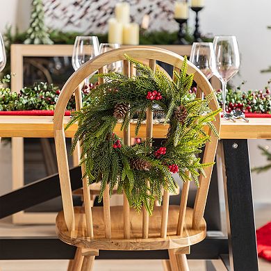 Glitzhome Set of 2 Christmas Mini PE Dripping Wreaths, 14"D Wreaths with Pinecones and Red Berries