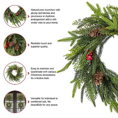 Glitzhome Set of 2 Christmas Mini PE Dripping Wreaths, 14"D Wreaths with Pinecones and Red Berries