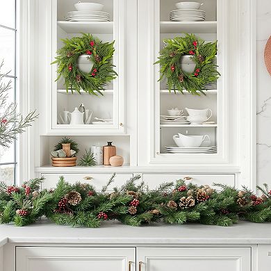 Glitzhome Set of 2 Christmas Mini PE Dripping Wreaths, 14"D Wreaths with Pinecones and Red Berries