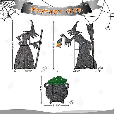Glitzhome Set of 3 Witches with Cauldron Outdoor Decor, 2.5D Lighted Halloween Outdoor Decorations