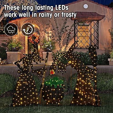 Glitzhome Set of 3 Witches with Cauldron Outdoor Decor, 2.5D Lighted Halloween Outdoor Decorations