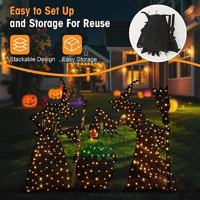 Glitzhome Set of 3 Witches with Cauldron Outdoor Decor, 2.5D Lighted Halloween Outdoor Decorations