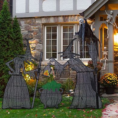 Glitzhome Set of 3 Witches with Cauldron Outdoor Decor, 2.5D Lighted Halloween Outdoor Decorations