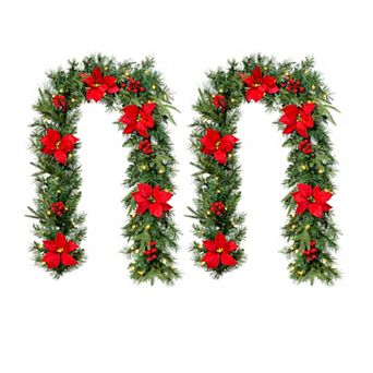 Glitzhome Set of 2 6ft Pre-Lit Greenery Pine Red Poinsettia and Berries Christmas Garlands