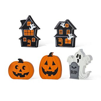 Glitzhome Set of 5 Haunted House, Pumpkin & Ghost Table Block Set, Halloween Wooden Table Decor