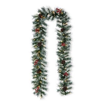 Glitzhome 9ft Pre-Lit Greenery Pine Cones and Red Berries Christmas Garland