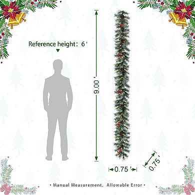 Glitzhome 9ft Pre-Lit Greenery Pine Cones and Red Berries Christmas Garland
