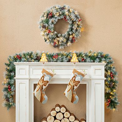 Glitzhome 9ft Pre-Lit Greenery Pine Cones and Red Berries Christmas Garland