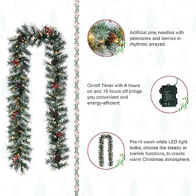 Glitzhome 9ft Pre-Lit Greenery Pine Cones and Red Berries Christmas Garland