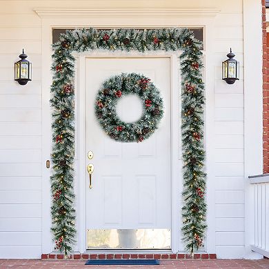 Glitzhome 9ft Pre-Lit Greenery Pine Cones and Red Berries Christmas Garland