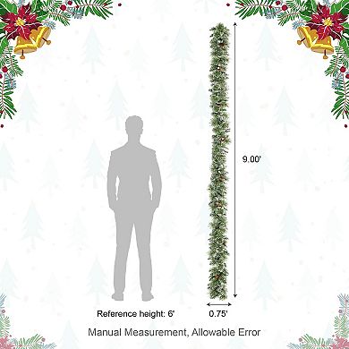 Glitzhome 9ft Pre-Lit Frosted Greenery Pinecones Christmas Garland