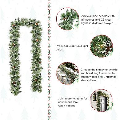 Glitzhome 9ft Pre-Lit Frosted Greenery Pinecones Christmas Garland