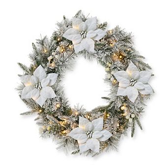Glitzhome 24" D Pre-Lit Snow Flocked Greenery Pine Poinsettia Christmas Wreath