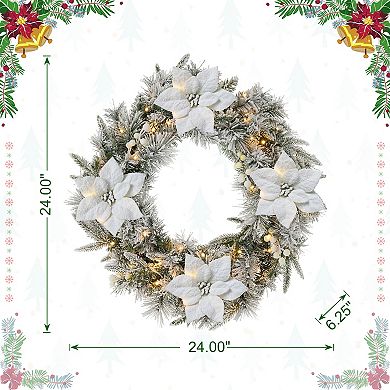 Glitzhome 24" D Pre-Lit Snow Flocked Greenery Pine Poinsettia Christmas Wreath
