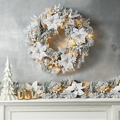 Glitzhome 24" D Pre-Lit Snow Flocked Greenery Pine Poinsettia Christmas Wreath