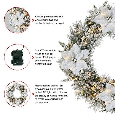 Glitzhome 24" D Pre-Lit Snow Flocked Greenery Pine Poinsettia Christmas Wreath