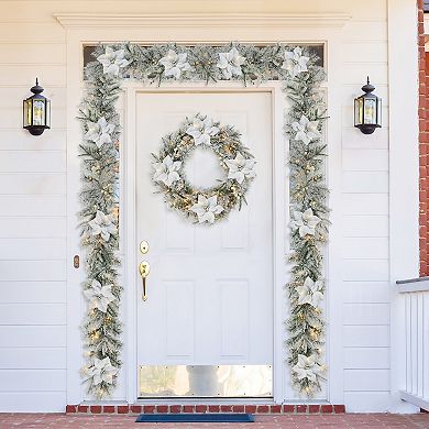 Glitzhome 24" D Pre-Lit Snow Flocked Greenery Pine Poinsettia Christmas Wreath