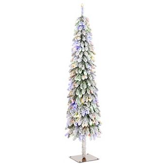 Glitzhome Flocked Artificial Pencil Christmas Tree, 6ft Pre-Lit Xmas Porch Tree