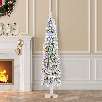 Glitzhome Flocked Artificial Pencil Christmas Tree, 6ft Pre-Lit Xmas Porch Tree
