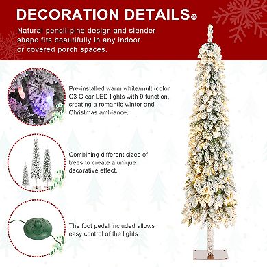 Glitzhome Flocked Artificial Pencil Christmas Tree, 6ft Pre-Lit Xmas Porch Tree