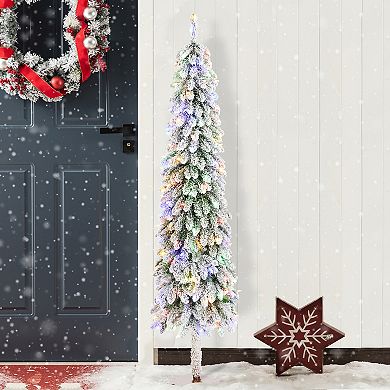 Glitzhome Flocked Artificial Pencil Christmas Tree, 6ft Pre-Lit Xmas Porch Tree