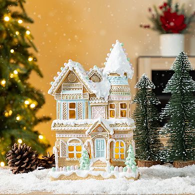 Glitzhome 11.75"H Macaron Resin Village Table Decor, Double-layered Christmas Table Centerpiece