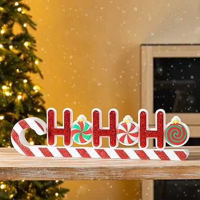 Glitzhome 19"L Christmas Wooden Table Decor, Epoxy HOHOHO Candy Cane Table Centerpiece