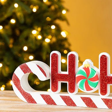 Glitzhome 19"L Christmas Wooden Table Decor, Epoxy HOHOHO Candy Cane Table Centerpiece