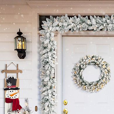 Glitzhome 9ft Pre-Lit Snow Flocked Christmas Garland with Warm White LED Lights and Timer
