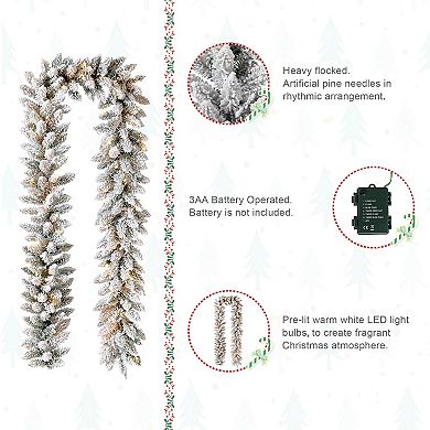Glitzhome 9ft Pre-Lit Snow Flocked Christmas Garland with Warm White LED Lights and Timer