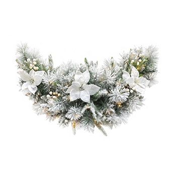 Glitzhome 3ft Pre-Lit Flocked Greenery Pine White Poinsettia and Berries Christmas Swag