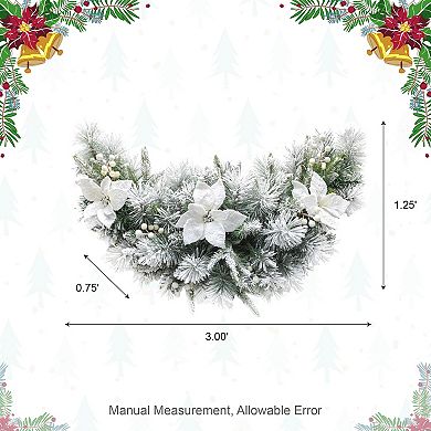 Glitzhome 3ft Pre-Lit Flocked Greenery Pine White Poinsettia and Berries Christmas Swag