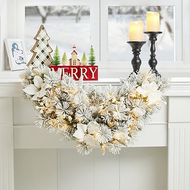 Glitzhome 3ft Pre-Lit Flocked Greenery Pine White Poinsettia and Berries Christmas Swag