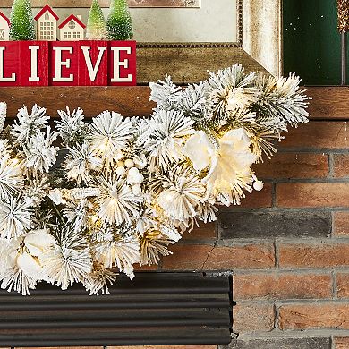 Glitzhome 3ft Pre-Lit Flocked Greenery Pine White Poinsettia and Berries Christmas Swag