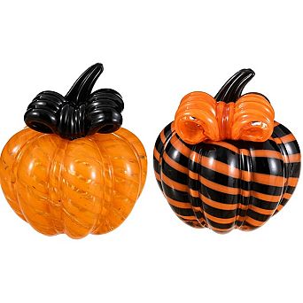 Glitzhome Set of 2 Halloween Striped Glass Pumpkins with Bow