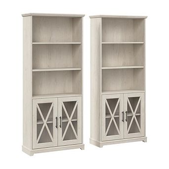 Bush Furniture Farmhouse 5 Shelf Bookcase with Glass Doors - Set of 2 in Linen White Oak