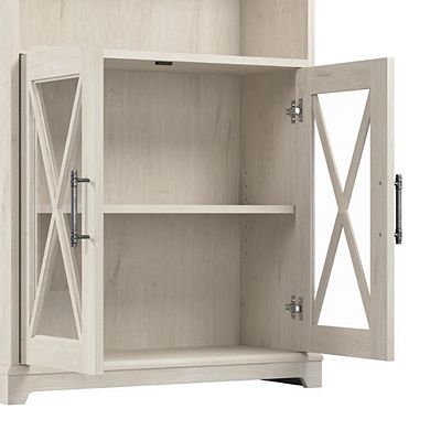 Bush Furniture Farmhouse 5 Shelf Bookcase with Glass Doors - Set of 2 in Linen White Oak