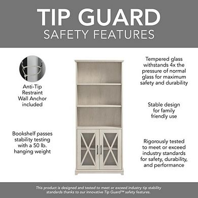 Bush Furniture Farmhouse 5 Shelf Bookcase with Glass Doors - Set of 2 in Linen White Oak