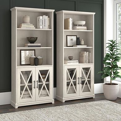 Bush Furniture Farmhouse 5 Shelf Bookcase with Glass Doors - Set of 2 in Linen White Oak