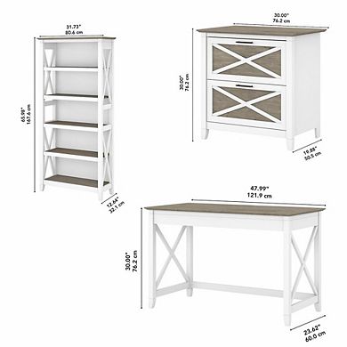 Bush Furniture Key West 48W Writing Desk with 2 Drawer Lateral File Cabinet and 5 Shelf Bookcase