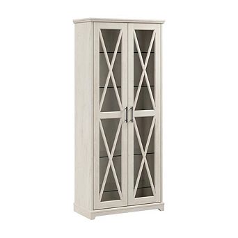 Bush Furniture Farmhouse Curio Cabinet with Glass Doors and Shelves in Linen White Oak