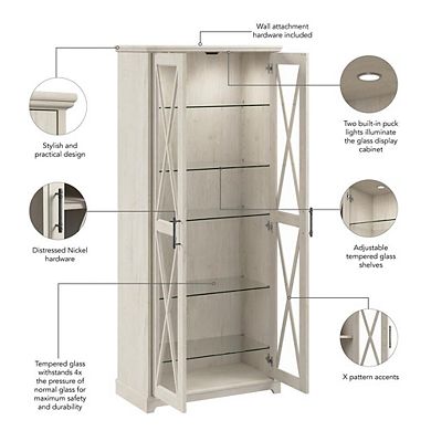 Bush Furniture Farmhouse Curio Cabinet with Glass Doors and Shelves in Linen White Oak
