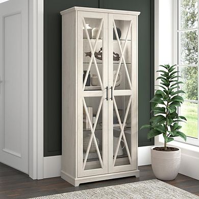 Bush Furniture Farmhouse Curio Cabinet with Glass Doors and Shelves in Linen White Oak