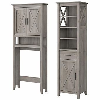 Bush Furniture Tall Linen Cabinet and Over The Toilet Storage Cabinet Driftwood Gray