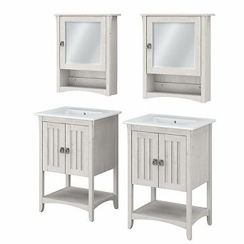 Bush Furniture 48W Double Vanity Set with Sinks and Medicine Cabinets Linen White Oak