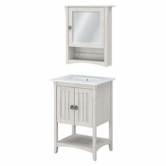Bush Furniture 24W Bathroom Vanity Sink and Medicine Cabinet with Mirror Linen White Oak
